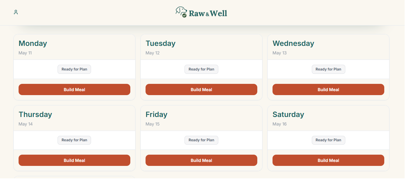 Raw & Well meal planning calendar - 28-day rotation view with clone plan feature and build meal prompts